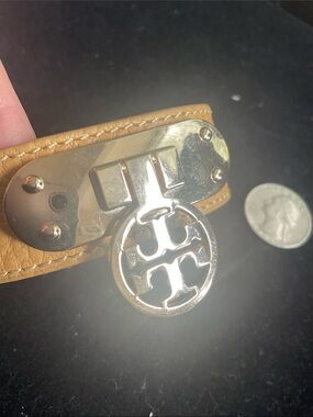 Leather Snap Cuff Bracelet in Tan with Designer Inspired Logo Accent